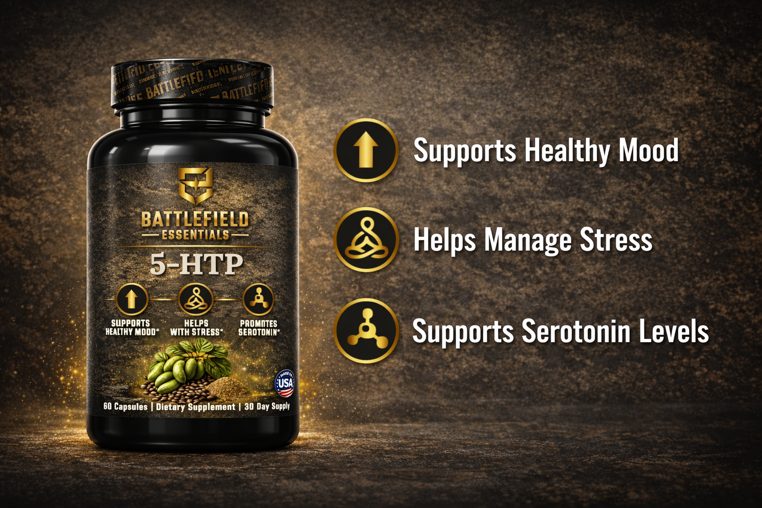 5-HTP 3 BENEFITS IMAGE | Battlefield Essentials home 5-HTP 3 BENEFITS IMAGE