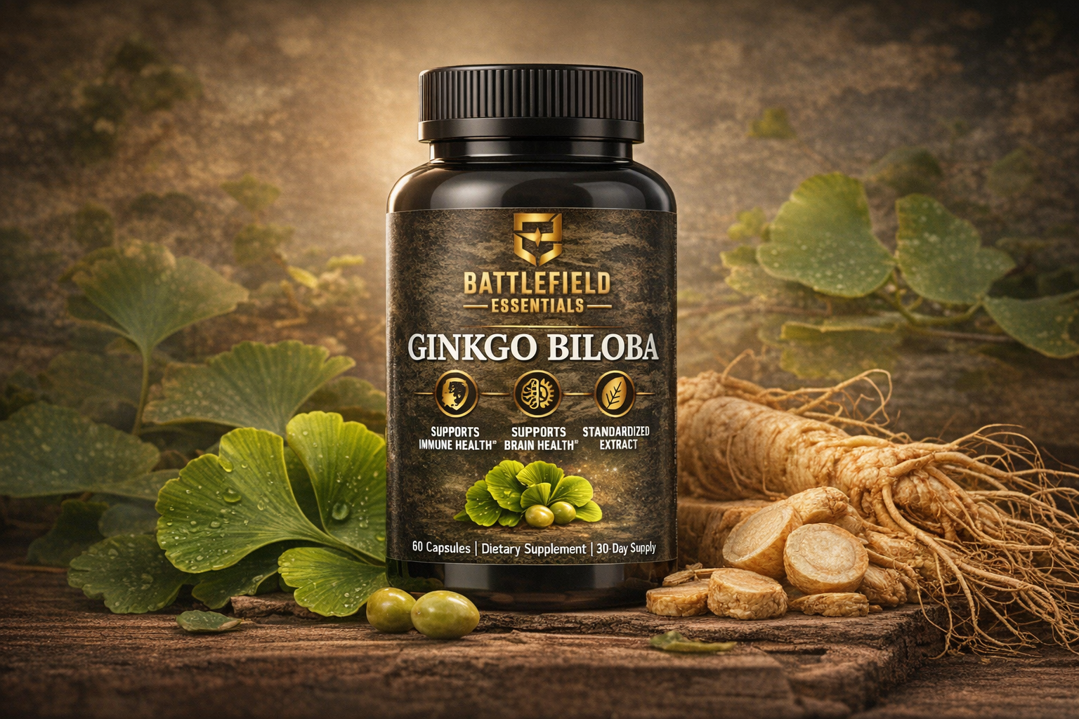 ginkgo biloba | Battlefield Essentials home ginkgo biloba bottle and root