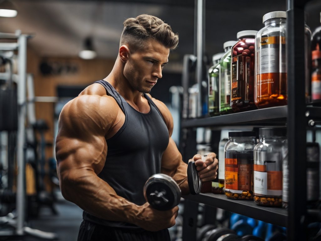 b-6 | Battlefield Essentials home athlete lifting dumbbell next to supplement bottles in gym environment