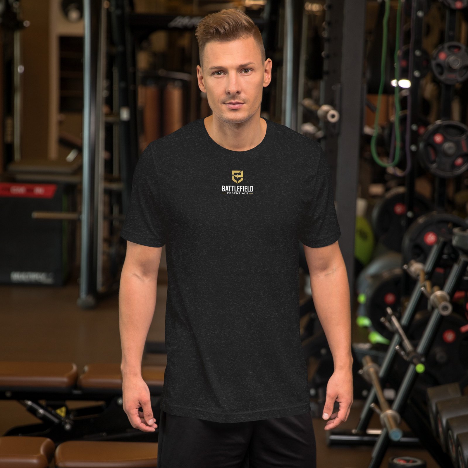 Battlefield Essentials Warriors Train Standard Tee. Black Heather Front. | Battlefield Essentials home Battlefield Essentials Warriors Train Standard Tee.