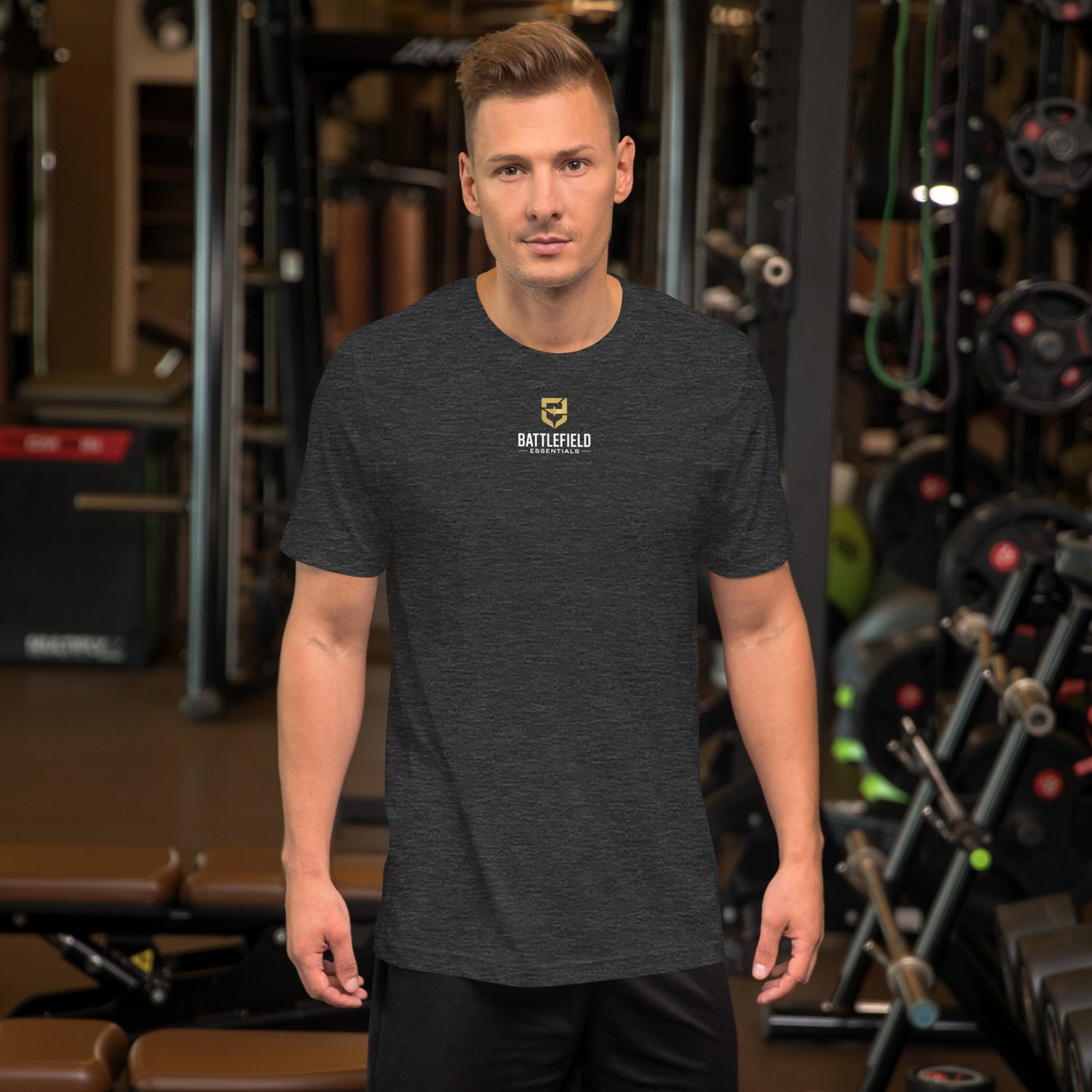 Battlefield Essentials Warriors Train Standard Tee. Dark Grey Heather Front. | Battlefield Essentials home Battlefield Essentials Warriors Train Standard Tee.