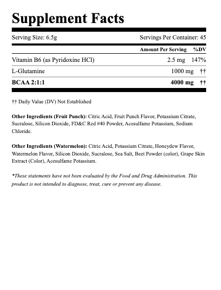 Supplement Facts panel: serving size 6.5 g, 45 servings per container; Vitamin B6 2.5 mg (147%), L-Glutamine 1000 mg, BCAA 4000 mg (2:1:1); lists fruit-punch and watermelon flavors and other ingredients.