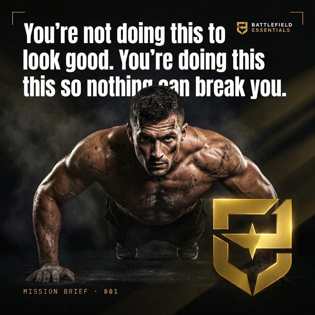 Muscular man doing a push-up in a dark studio with a bold motivational quote above and a gold shield logo (Battlefield Essentials) on the right; 'Mission Brief 001' at bottom left.
